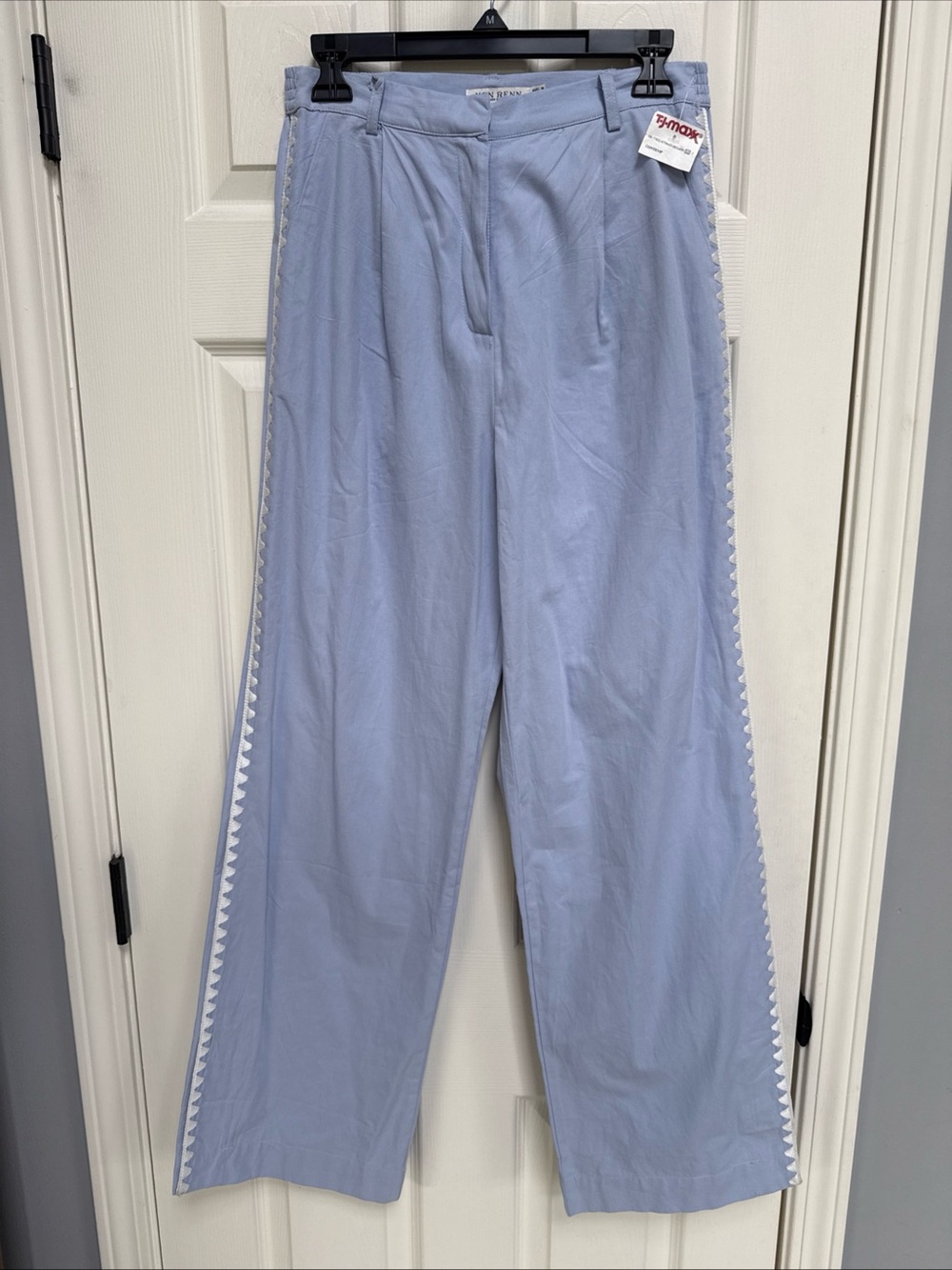 Anthropologie x Mon Renn Chino Pants Womens Sz M Blue Stretch Embroidered Trim